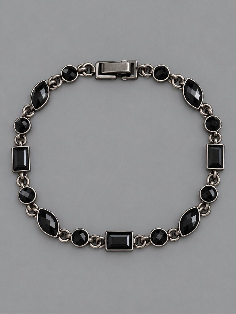 3/$30 Gunmetal Black Glass Cabochon Geometric Link Bracelet